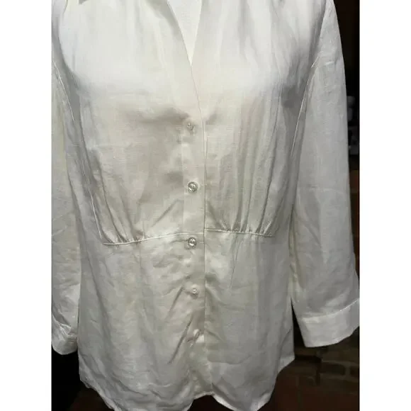 Talbots Irish Linen Button Up Blouse Gather Detail Waist Off white 12 Office - Picture 2 of 7